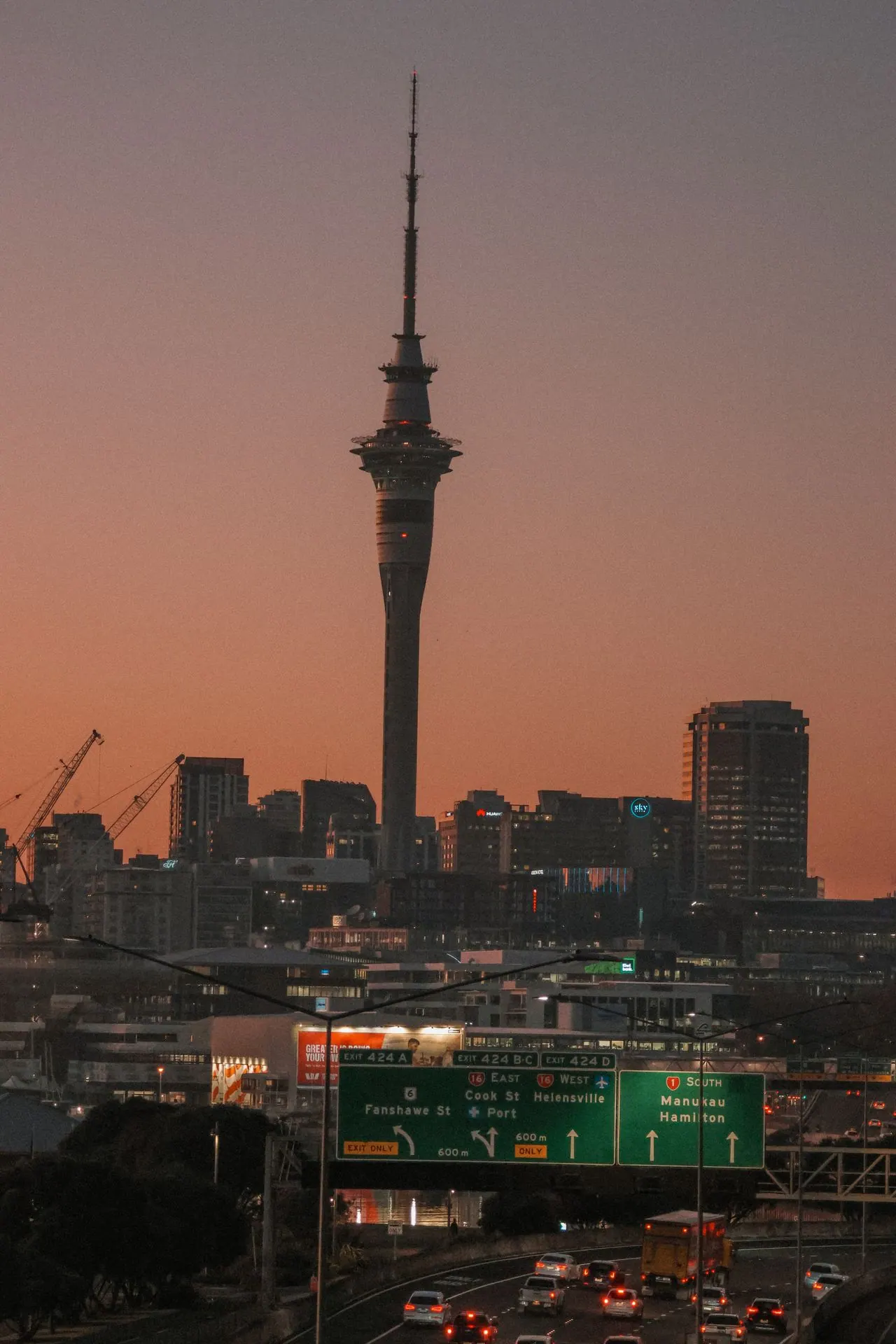 Auckland skyline with the Sky Tower at dusk