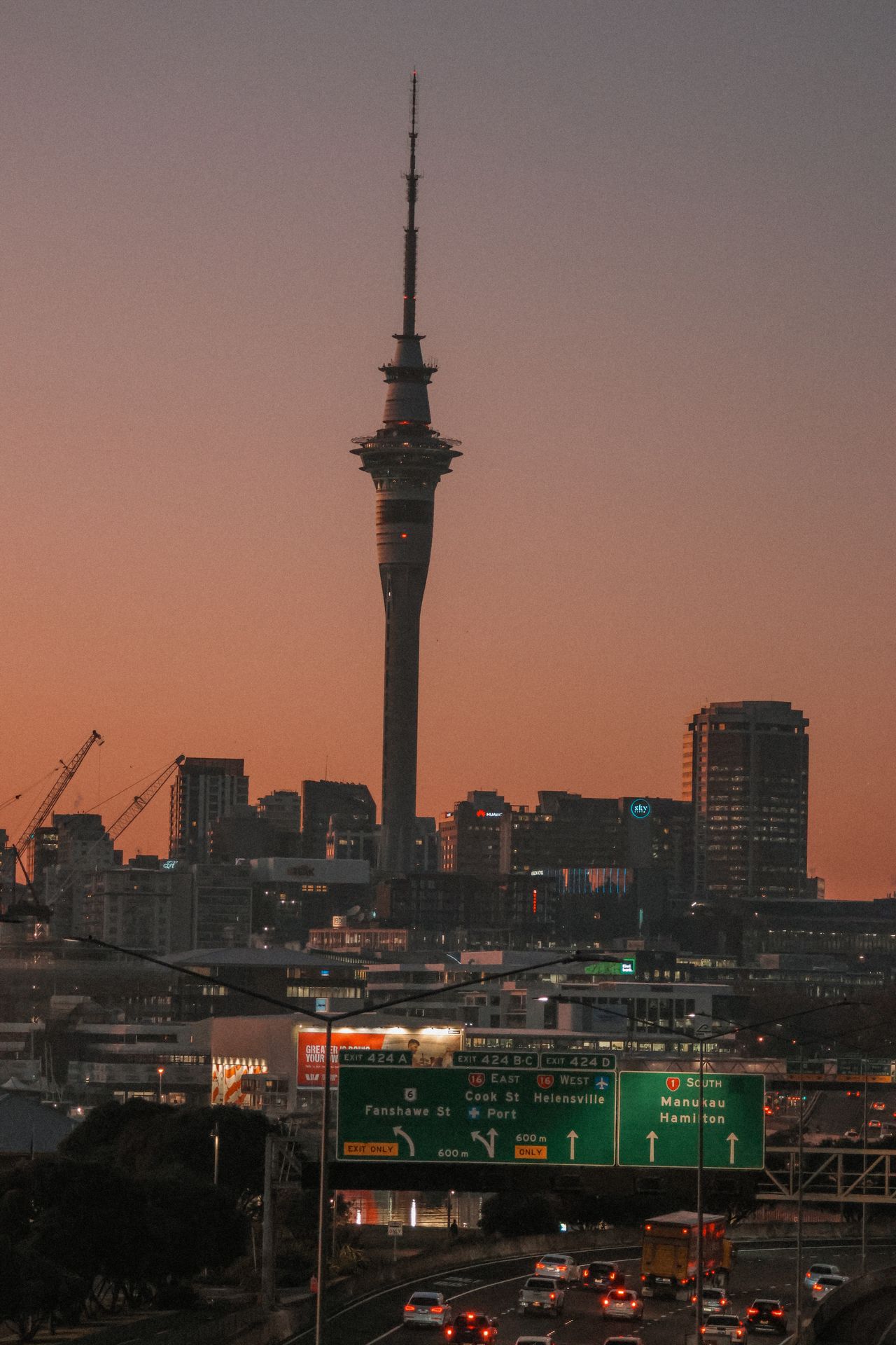Auckland skyline with the Sky Tower at dusk